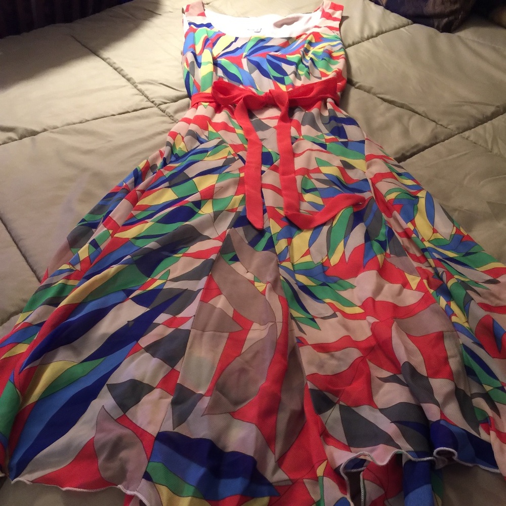 Signature dress multi color flare dress, with tie belt- Size 10